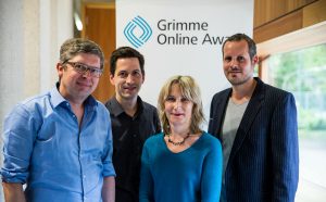 Das Team hinter “Inside Auschwitz - 360°“ (v.l.n.r.) Jürgen Brügger, Maik Bialk, Dorothee Pitz, Jörg Haassengier bei der Bekanntgabe der Nominierungen zum Grimme Online Award. Foto: Grimme-Institut / Arkadiusz Goniwiecha