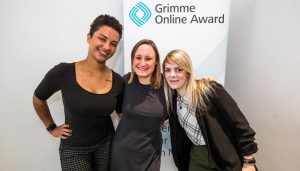 Farah Schäfer, Verena Lammert und Marie Hanrath von "Mädelsabende" bei der Bekanntgabe der Nominierungen zum Grimme Online Award 2018. Foto: Rainer Keuenhof / Grimme-Institut