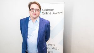 Thilo Knott bei der Bekanntgabe der Nominierung zum Grimme Online Award 2018; Foto: Rainer Keuenhof/ Grimme-Institut.
