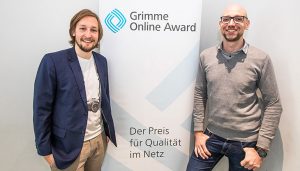 Benedict Witzenberger und Christian Endt bei der Bekanntgabe der Nominierung zum Grimme Online Award 2018; Foto: Rainer Keuenhof/ Grimme-Institut