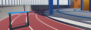 Tartan-Bahn auf dem virtuellen Olympiaturm in der VR-Experience “München 72″ des BR. Bild: BR/Annick Buhr