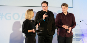 Anja Backhaus im Gespräch mit Thilo von Debschitz und Tim Siegert; Foto: Mareen Meyer / Grimme-Institut