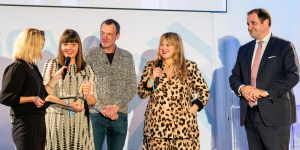 Anja Backhaus im Gespräch mit Eva Deinert, Christian Schiffer, Janina Rook und Nathanael Liminski; Foto: Mareen Meyer / Grimme-Institut